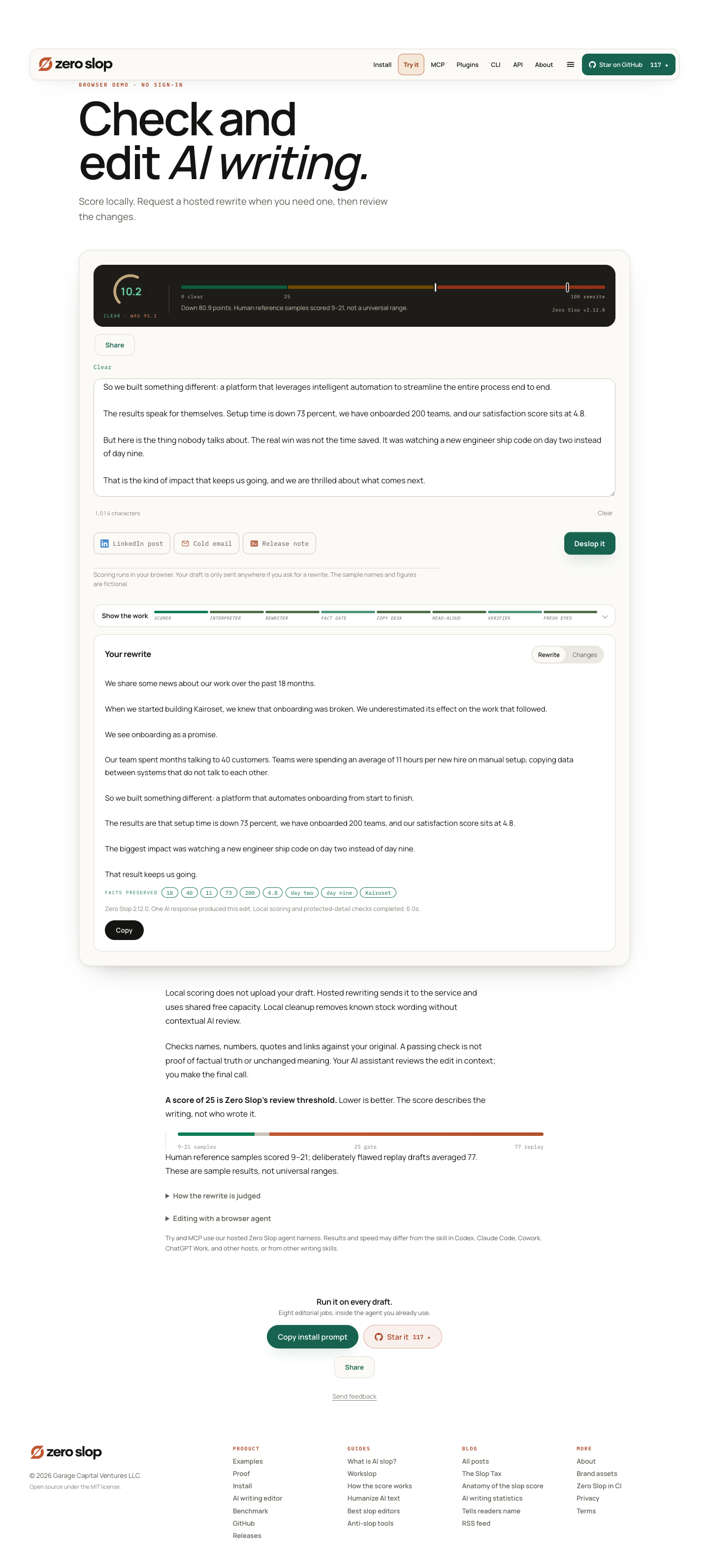 Recorded Zero Slop 2.12.0 browser result: score 10.2, original 91.1, with the delivered rewrite and its checks.