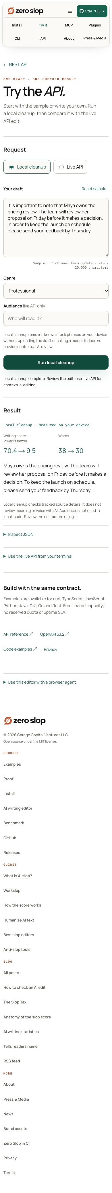 Zero Slop mobile sandbox showing a fictional draft and its local cleanup result